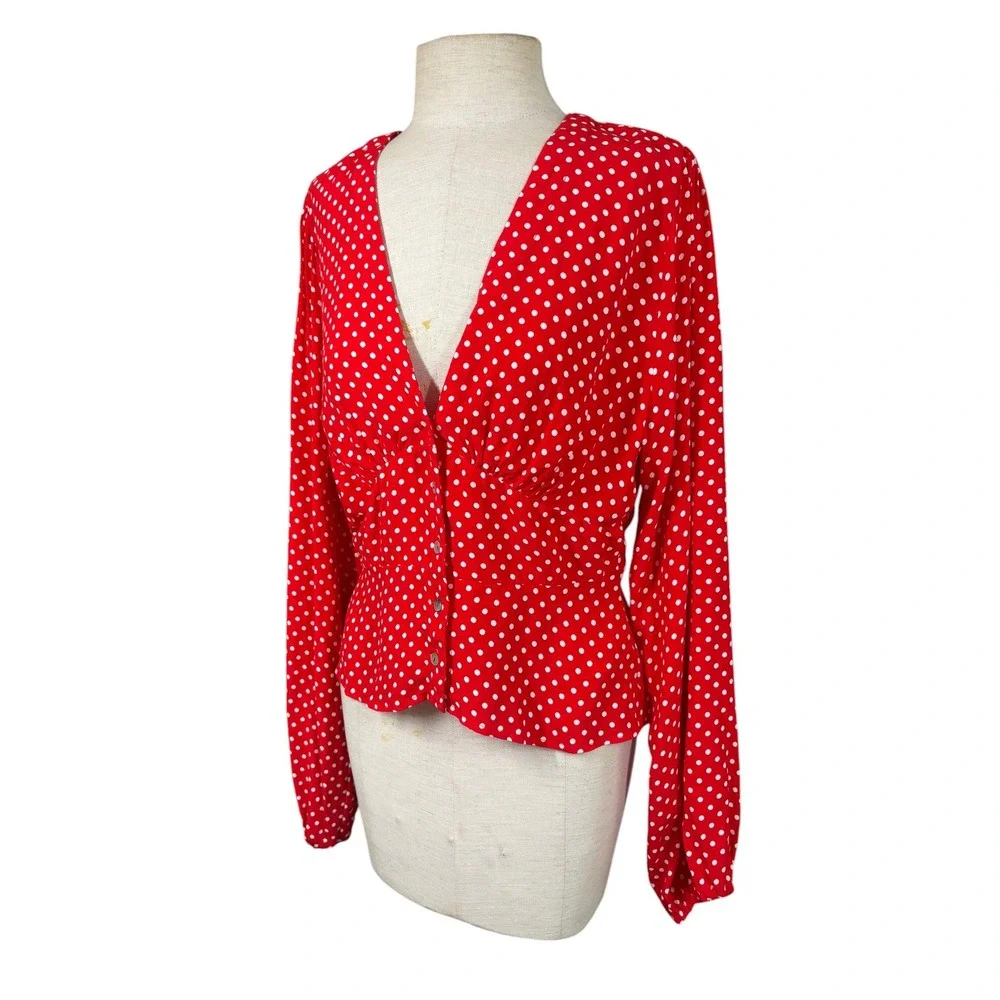 Free People Love Street Red Polka Dot Top S Puff Sleeve Peplum Feminine Retro